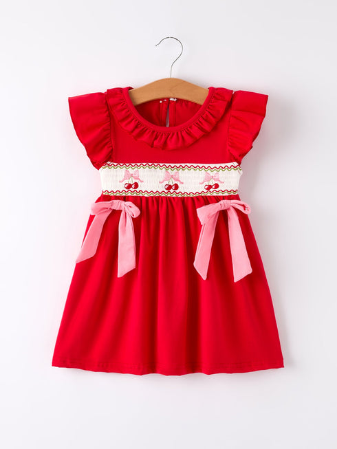 red-cherry-bow-smocking-embroidery-girls-dress Rylee Faith Designs - Sophia's StyleDress-1